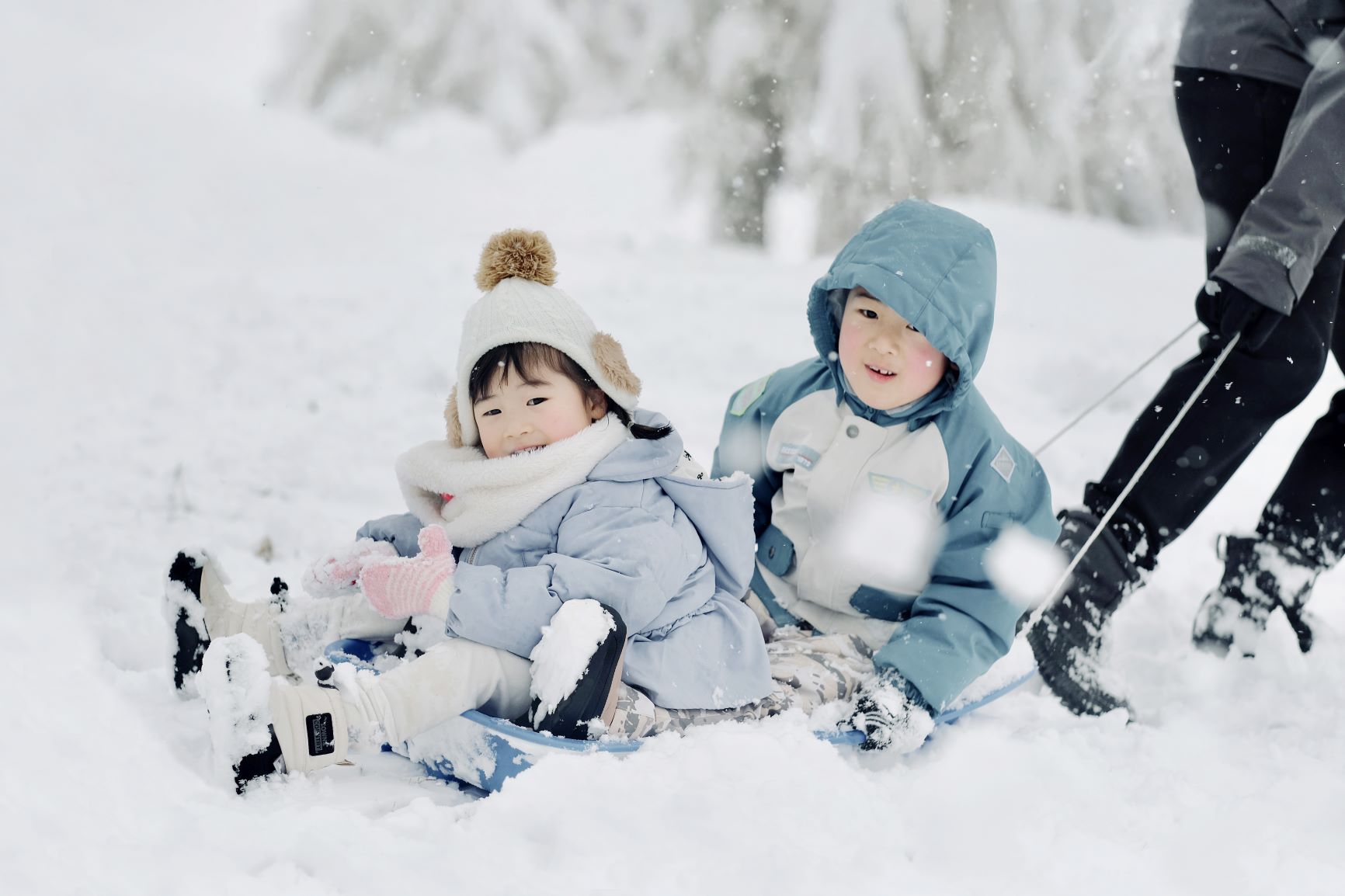 そりに乗る兄妹
